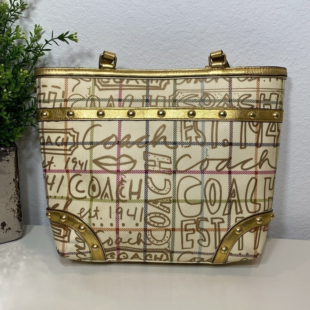COACH LIMITED EDITION Heritage Cream/Gold Graffiti Tattersall Tote F13188 - Picture 3 of 16
